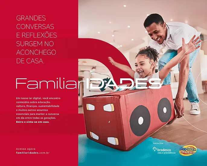 Anúncio impresso da campanha FamiliarIDADES: pai e filha brincando com uma caixa de papelão em casa