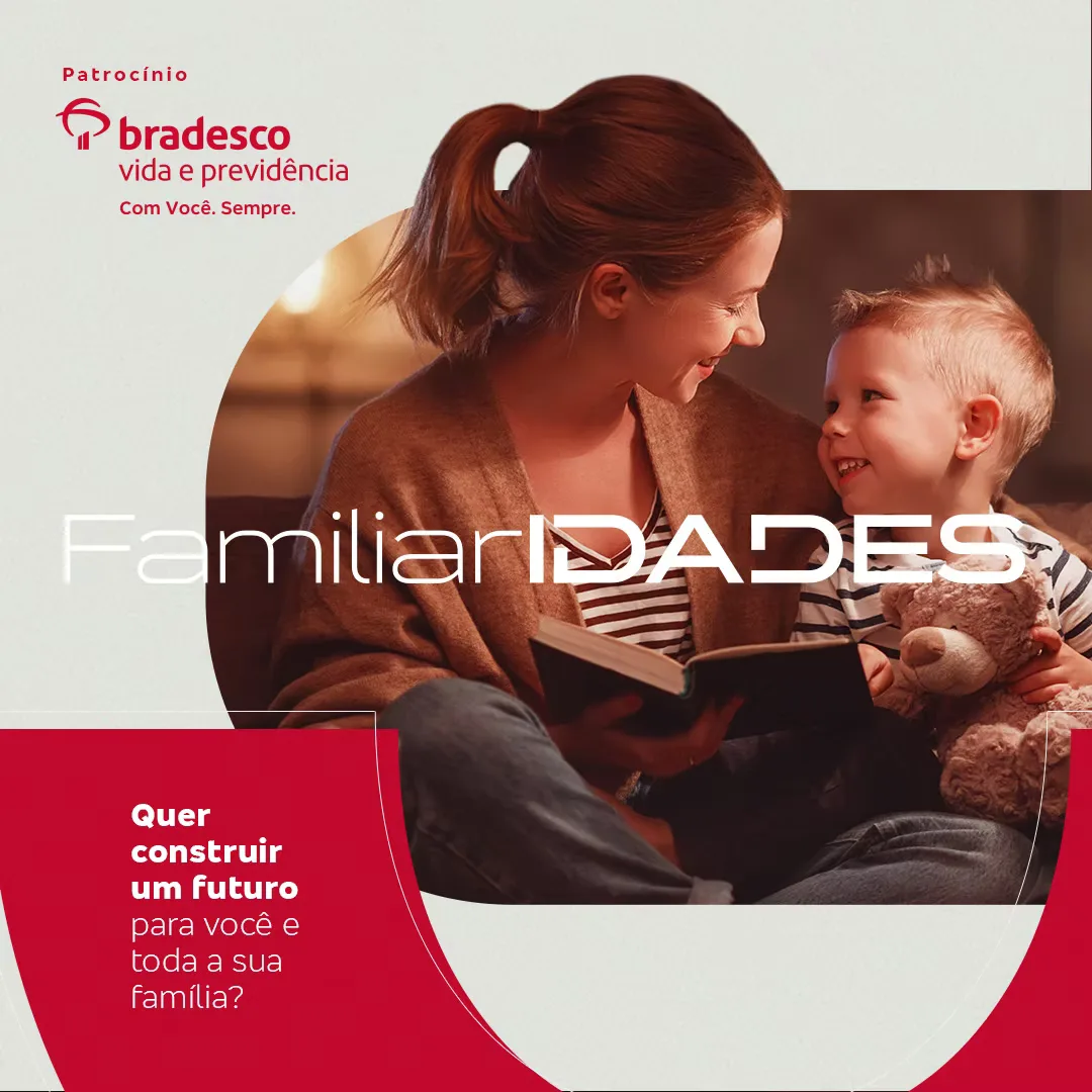 Peça de carrossel de sustentação da campanha: mãe e filho lendo um livro juntos no sofá, sob a pergunta “Quer construir um futuro para você e toda a sua família?”