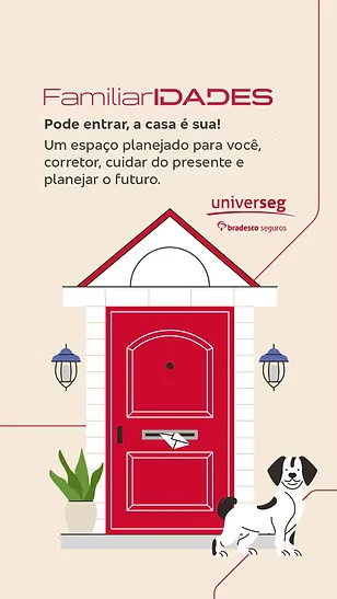 Peça ilustrada para corretores UniverSeg: porta vermelha de uma casa com a mensagem "Pode entrar, a casa é sua"